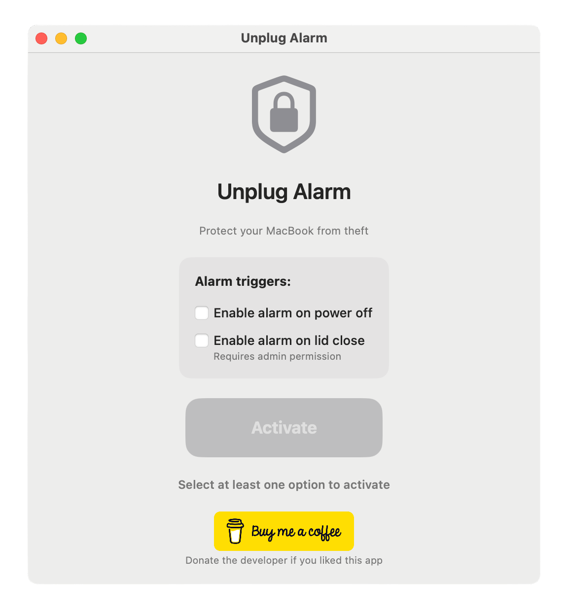 Unplug Alarm macOS app screenshot